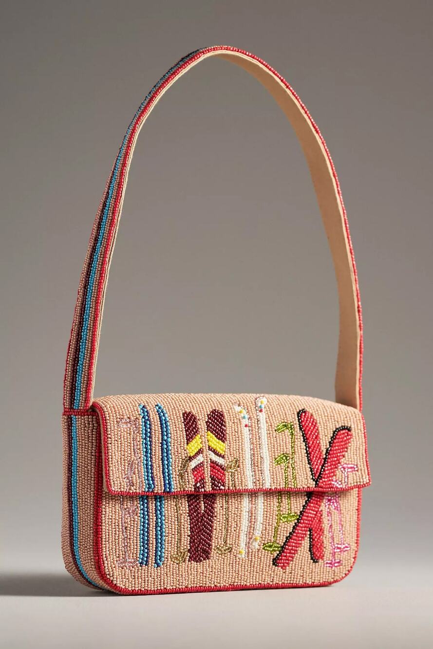 nwt ANTHROPOLOGIE The Fiona Beaded Bag: Winter Icon Edition Skis Motif